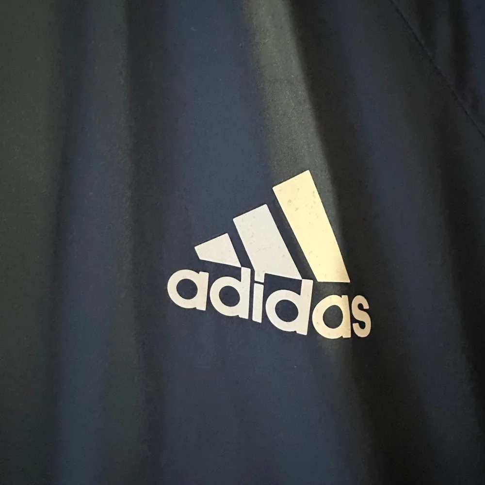 Adidas Lightweight Hooded‎ Windbreaker Jacket Navy Blue White Stripes w/ Pouch